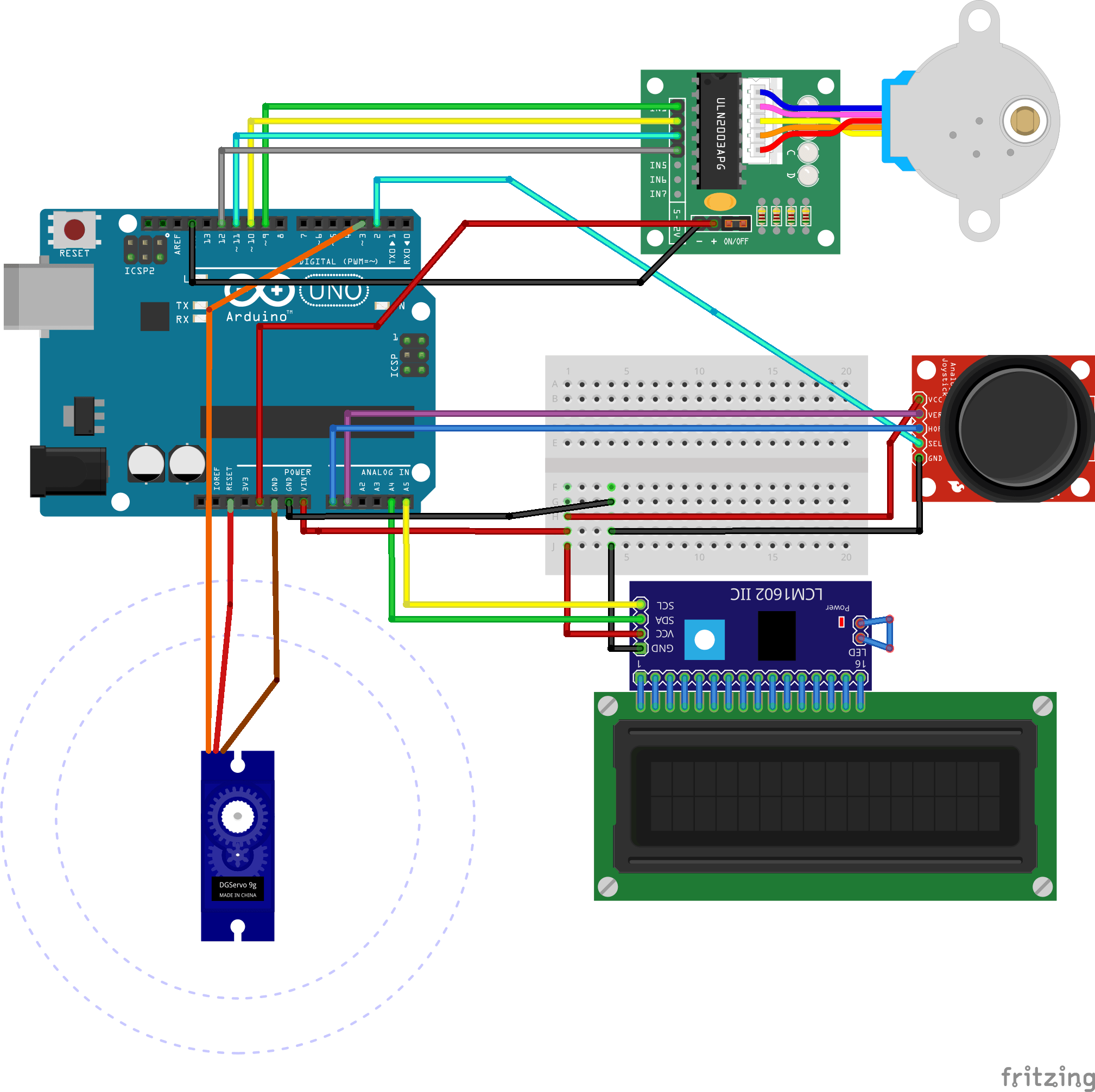 Fritzing wiring diagram of the Arduino UNO connected to the stepper driver, shutter servo, joystick, and I2C LCD