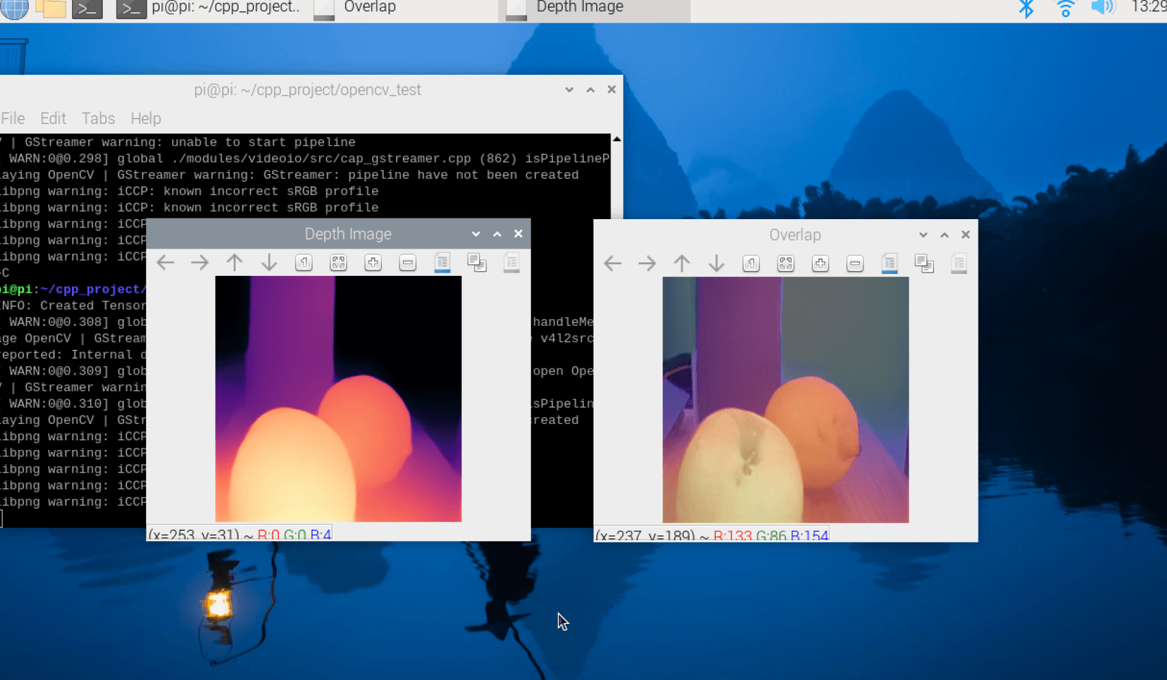 A second MiDaS depth map example, showing the depth output and camera overlap windows on the Raspberry Pi desktop