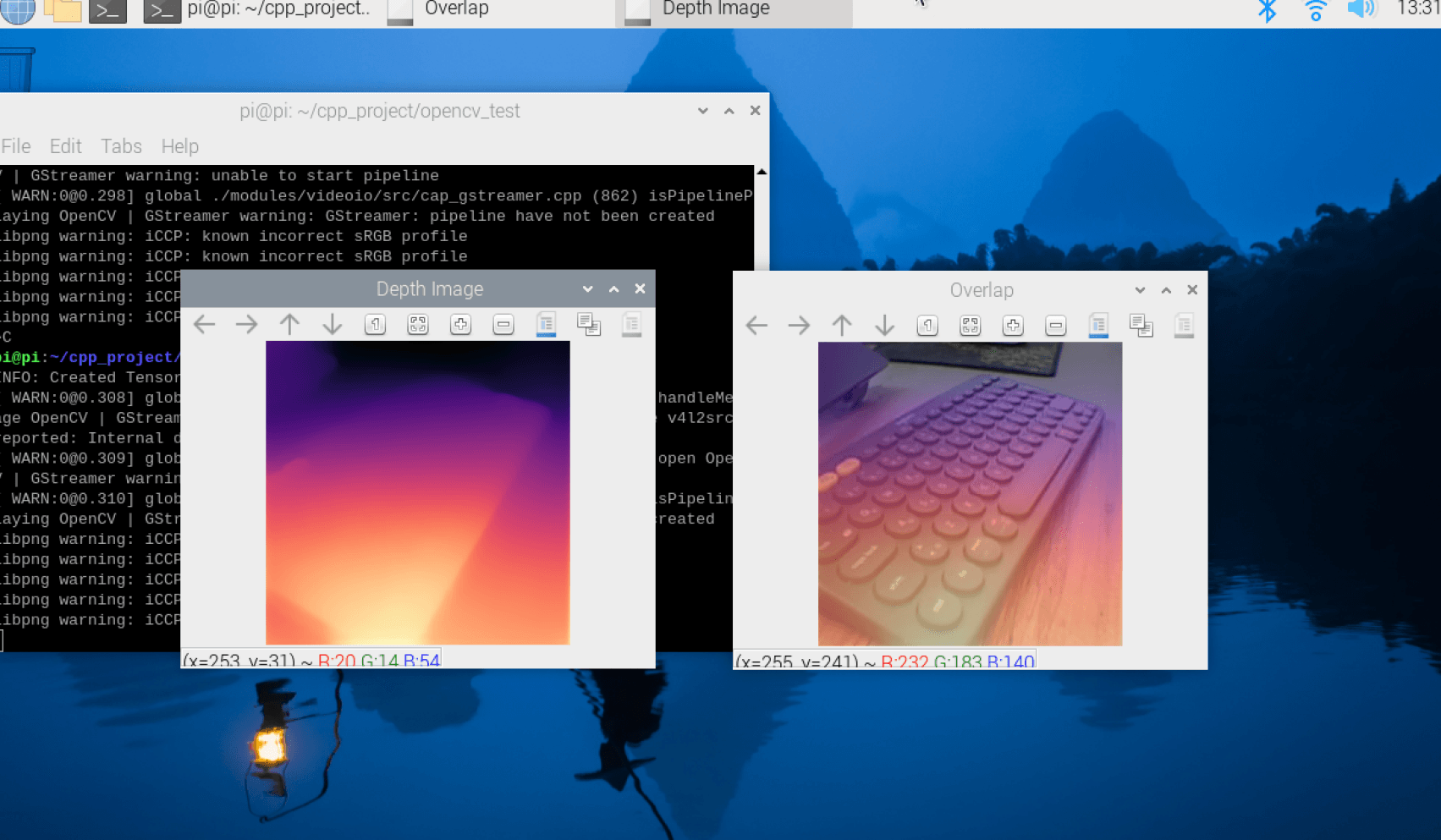 MiDaS depth map output next to the source camera frame, running live on the Raspberry Pi