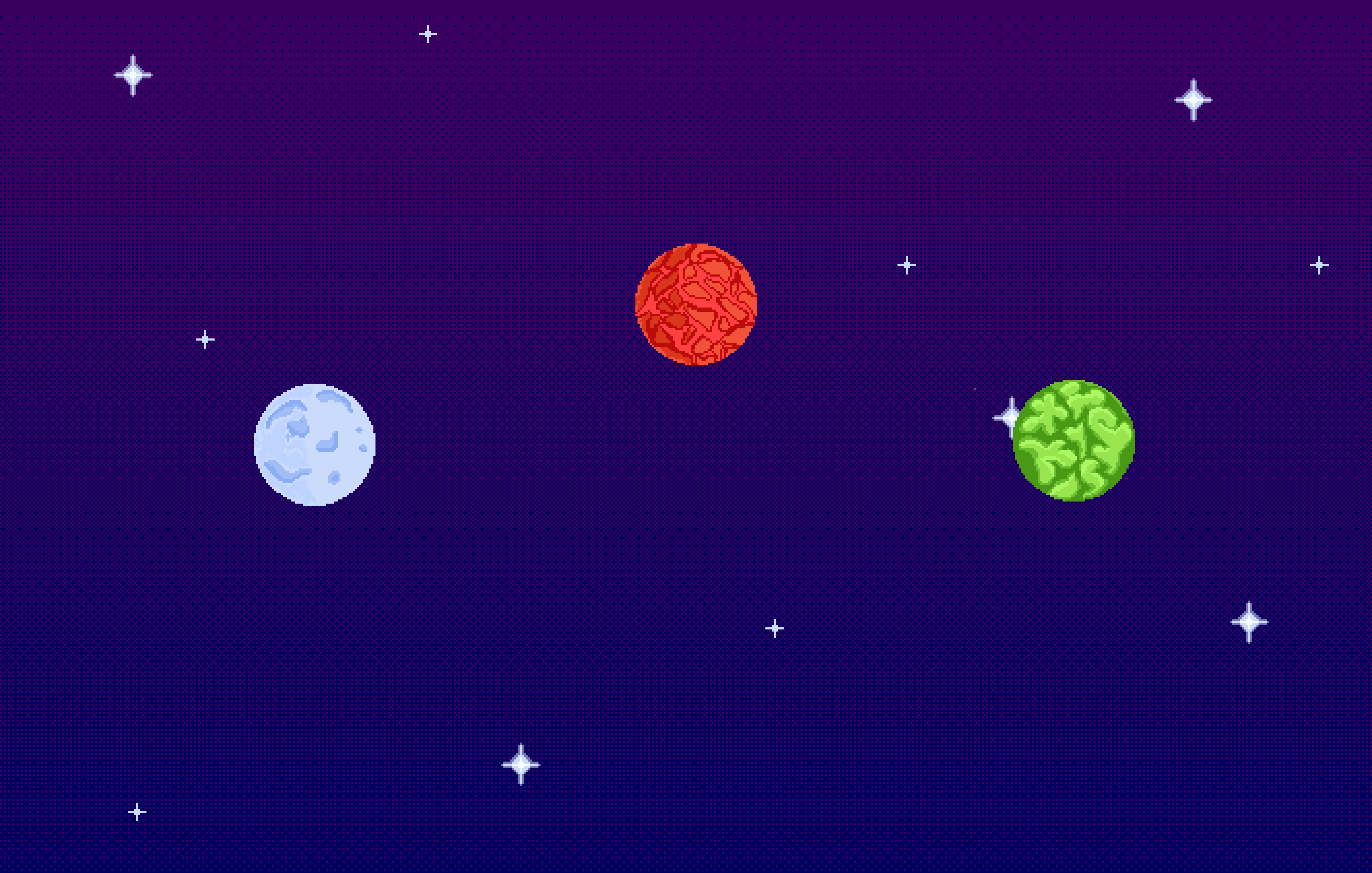 Rootopia's main menu, showing three pixel-art planets — icy, lava, and slime — floating against a starfield