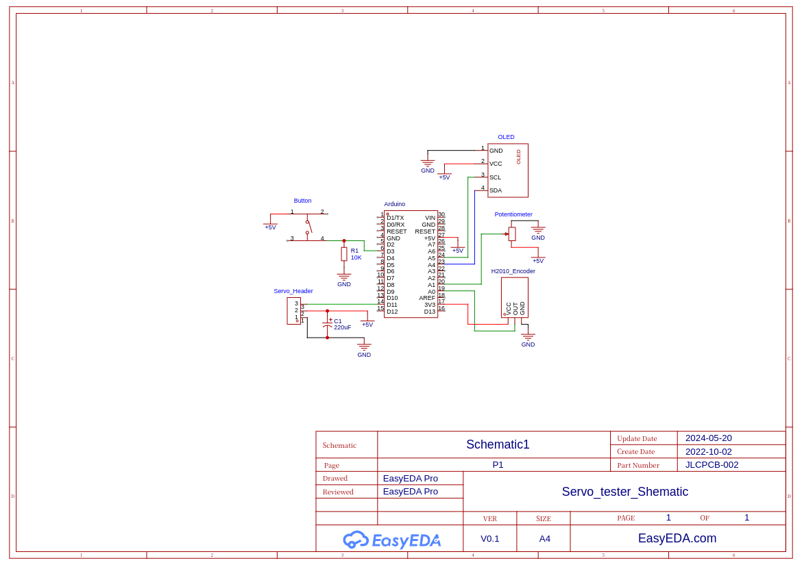 Schematic of the servo tester: Arduino wired to the OLED, potentiometer, rotary encoder, and servo header