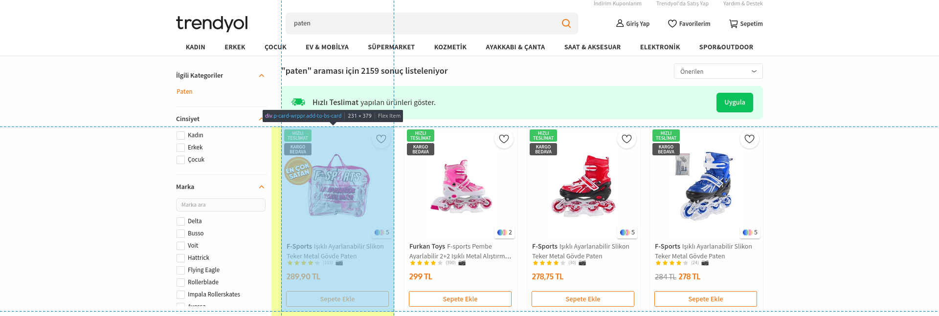 Browser DevTools inspecting a Trendyol.com search results page, highlighting the product card element used to extract listings